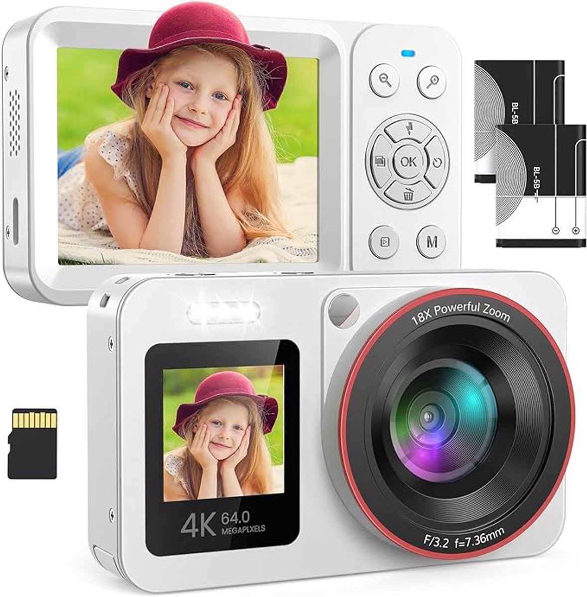 Crrynuo - Digitale Camera - Vlog Camera - Fotocamera - ABS Digitale Camera 64MP 18x Optische Zoom 2.8" Scherm - 4K Opname - Wit