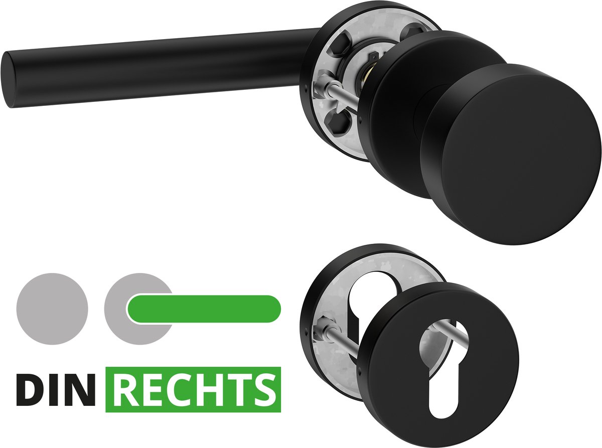 ERGO line NINA Rechts, Roestvrijstalen Zwarte Deurkrukset, Knop-Kruk, Garnituur met vaste deurknop en rechter deurkruk, PZ-cilinder, Zwart gepoedercoat roestvrij staal, Rozetgarnituur met deurknop, wisselgarnituur deurknop en deurkruk