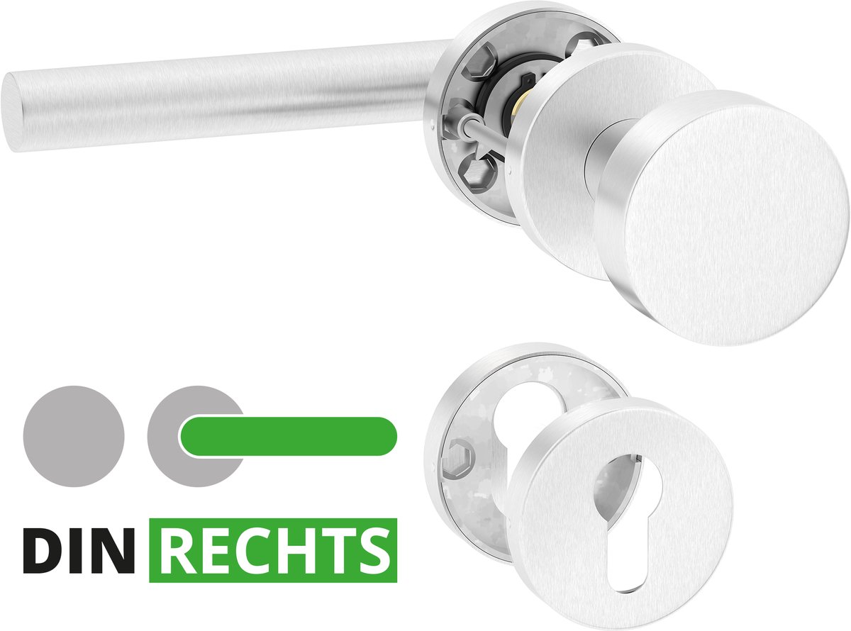 ERGO line NINA Rechts, Roestvrijstalen Deurkrukset, Knop-Kruk, Garnituur met vaste deurknop en rechter deurkruk, PZ-cilinder, Rozetgarnituur met deurknop, wisselgarnituur deurknop en deurkruk, RVS V2A