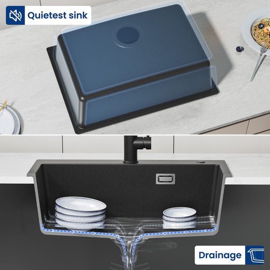 Évier de cuisine en granit CECIPA max 60 x 45 cm Anthracite - Éviers avec robinet - Acier inoxydable - Évier avec système d'évacuation d'eau - Évier en granit avec égouttoir