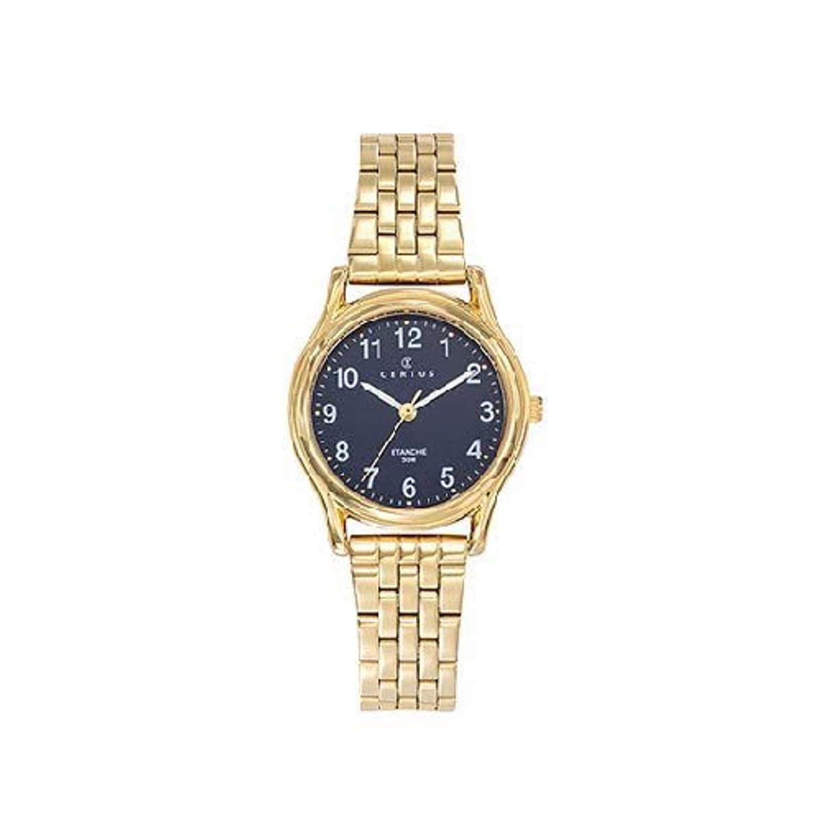 Certus-Dameshorloge-model 630893-goudkleurig-5 atm waterdicht-donkerblauwe wijzerplaat-duidelijke wijzerplaat-diameter 28 mm -made in France