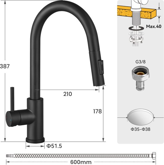 Évier de cuisine en granit CECIPA max 60 x 45 cm Anthracite - Éviers avec robinet - Acier inoxydable - Évier avec système d'évacuation d'eau - Évier en granit avec égouttoir