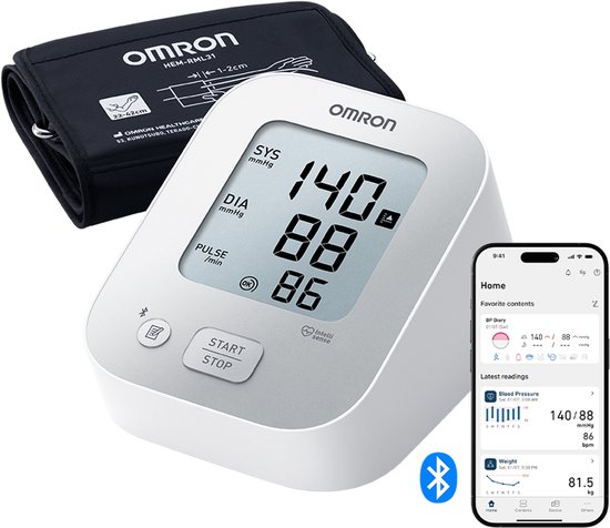 OMRON X2+ Connect, klinisch gevalideerde bloeddrukmeter, met Bluetooth voor OMRON connect App, met universeel manchet (22-42cm) voor de bovenarm