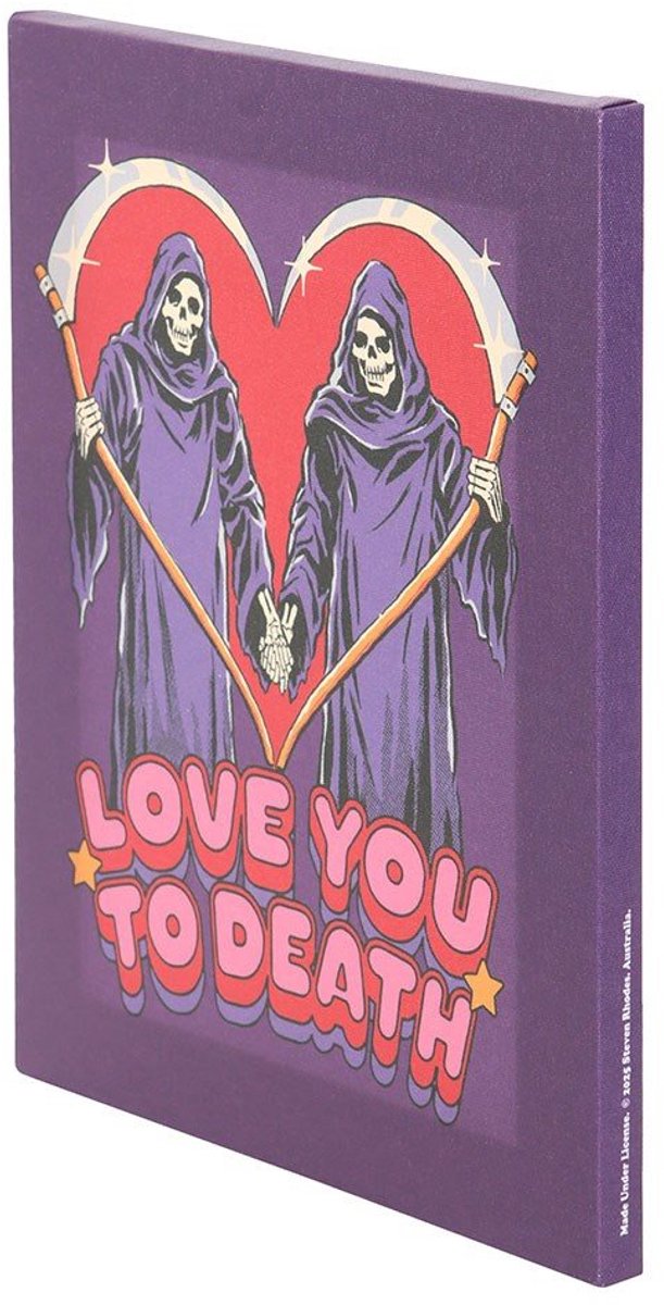 Romantisch 'Love You To Death Canvas Plaque' Wandbord - MDF Canvas Schilderij met Grim Reapers en Hart - 19x25 cm
