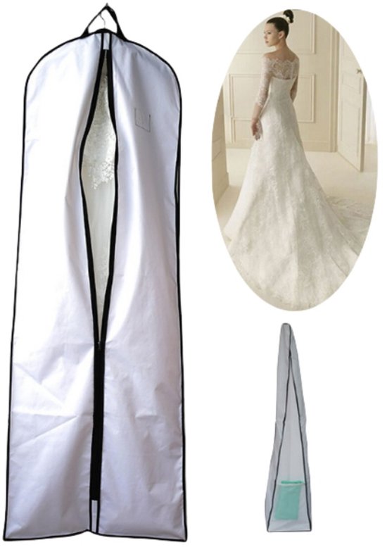 Witte kledinghoes met zwarte rits en een afbeelding van een trouwjurk, en een close-up van een jurk in een hoes.