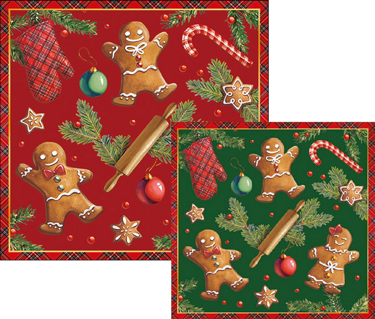 Ambiente servetten - Gingerbread - 2 pakjes 33x33cm en 25x25cm - rood groen - kerstservetten