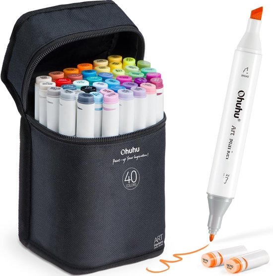 Ohuhu - Alcohol based Art markers - Fine & Chisel - set van 40 + Blender + etui