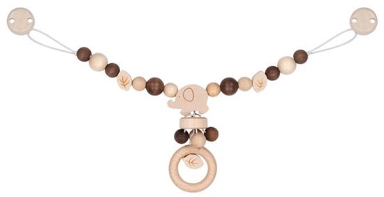 Houten fopspeenketting met olifantje, bladeren en ring. Gebroken witte, bruine en beige kralen.