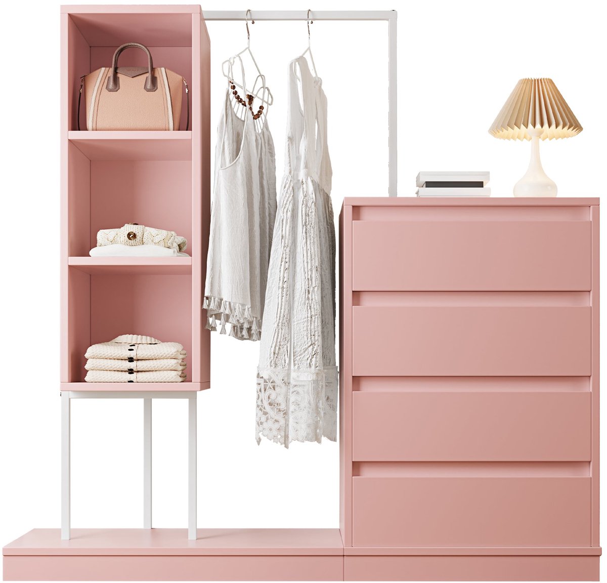 Merax Kledingkast met Laden en Kledingstang – Roze Kast met Open Vakken en Sideboard – Opbergkast voor Slaapkamer of Woonkamer – 140x40x135 cm