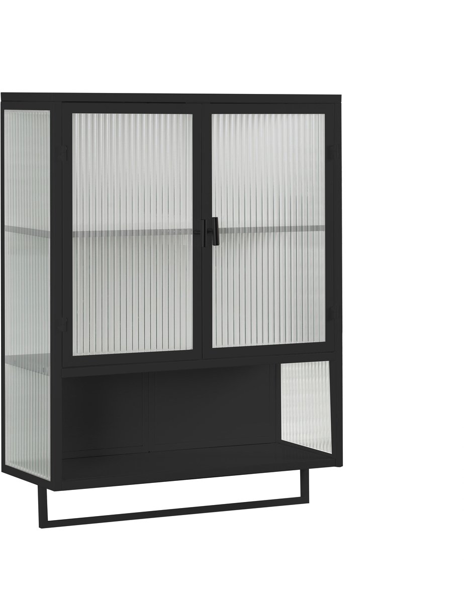 Merax Modern Wandkast 60 cm - 2-Deurs Glasdeur - Open Plank - Handdoekrek - Zwart - Voor Hal - Woonkamer - Badkamer - Eetkamer