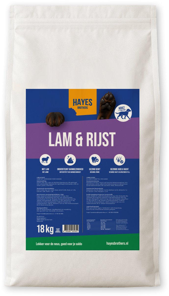 Hayes Brothers Adult Lam en Rijst Hondenbrokken 18 kg - hondenvoer - Krokante hondenbrokken - 18kg