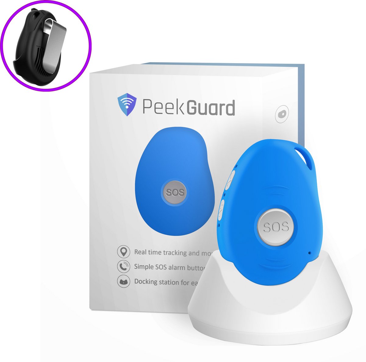 PEEKGUARD© - EVO 7S 4G Blauw - SOS Noodknop - Alarmknop voor Personen & Ouderen - GPS Tracker Senioren - SOS knop - Valdetectie - Waterdicht - Incl. Simkaart - Incl. Riemclip - Geen Abonnement
