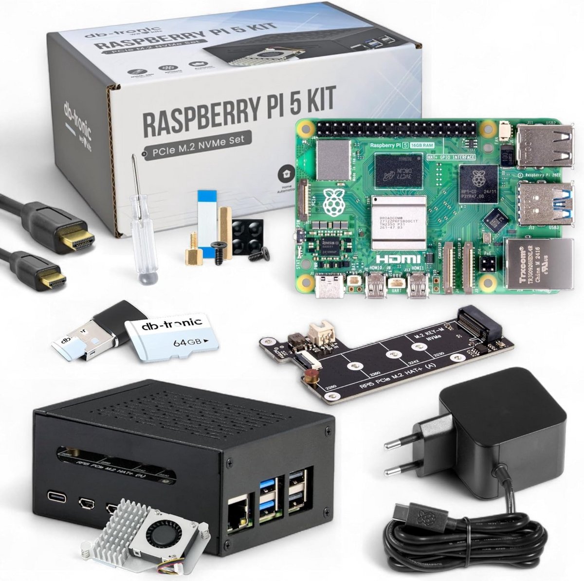 Raspberry Pi 5 16GB RAM PCIe M.2 NVMe - Set | Metalen behuizing | Actieve koeler | M.2 NVMe SSD PCIe-kaart | Officiële USB-C 27 W-voeding | 64 GB-editie | 4K Micro HDMI