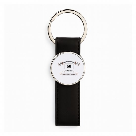 Foto: Hacebo 50 vintage old timer zwart lederen sleutelhanger mensen die 50 zijn geworden sleutelhangers 50 jaar sarah en abraham cadeau jubileum man en vrouw verjaardags grappige tekst jarig sleutelhanger 3 x 10 5 cm