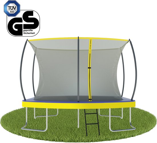 Zero Gravity Trampoline 305x213cm met veiligheidsnet • TÜV GS • Gratis ladder • 100kg draagvermogen • Outdoor weerbestendig • Voor kinderen & volwassenen • Rechthoekig/Ovaal • blauw-geel • Ultima 5 Fun Edition