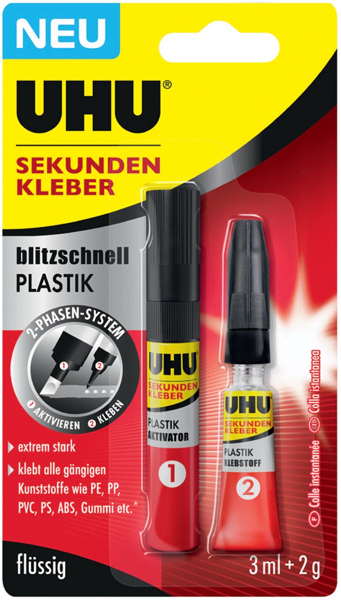 UHU secondenlijm bliksemsnel PLASTIC, 3 ml + 2 g