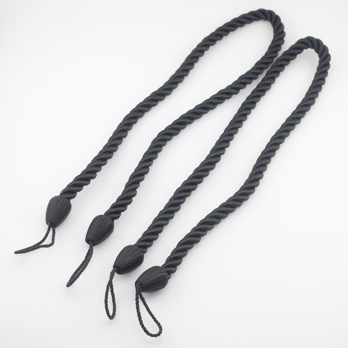 Set van 4 STUKS LUXE GORDIJNHOUDERS/EMBRASSES GORDIJN, GORDIJNKOORD om te Knopen, Lengte 65CM, Dikte 10MM, Kleur ZWART