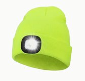 LED Muts Oplaadbaar – Reflecterende Wintermuts met Hoofdlamp – 3 Lichtstanden – Voor Sport, Werken, Wandelen, Veiligheid & Outdoor – Neon Geel/Groen