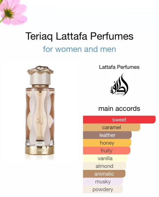 Parfumfles Teriaq Lattafa met oranje vloeistof en gouden slang-dop, naast een lijst met hoofdakkoorden.