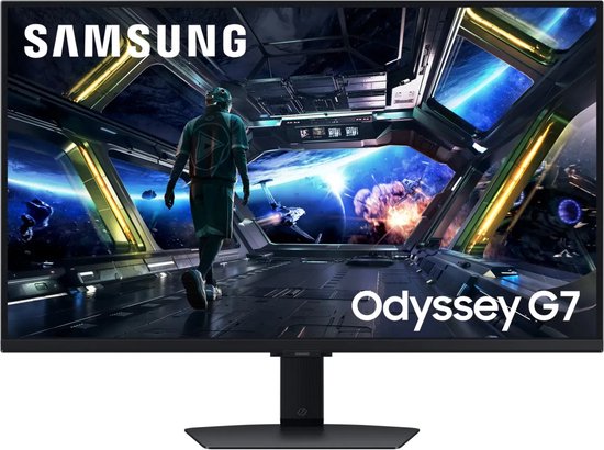 Samsung Odyssey G7 monitor met futuristische game-graphics.
