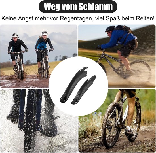Collage van fietsers die rijden in natte omstandigheden. De tekst 'Weg vom Schlamm' en 'Keine Angst mehr vor Regentagen, viel Spaß beim Reiten!' is zichtbaar.