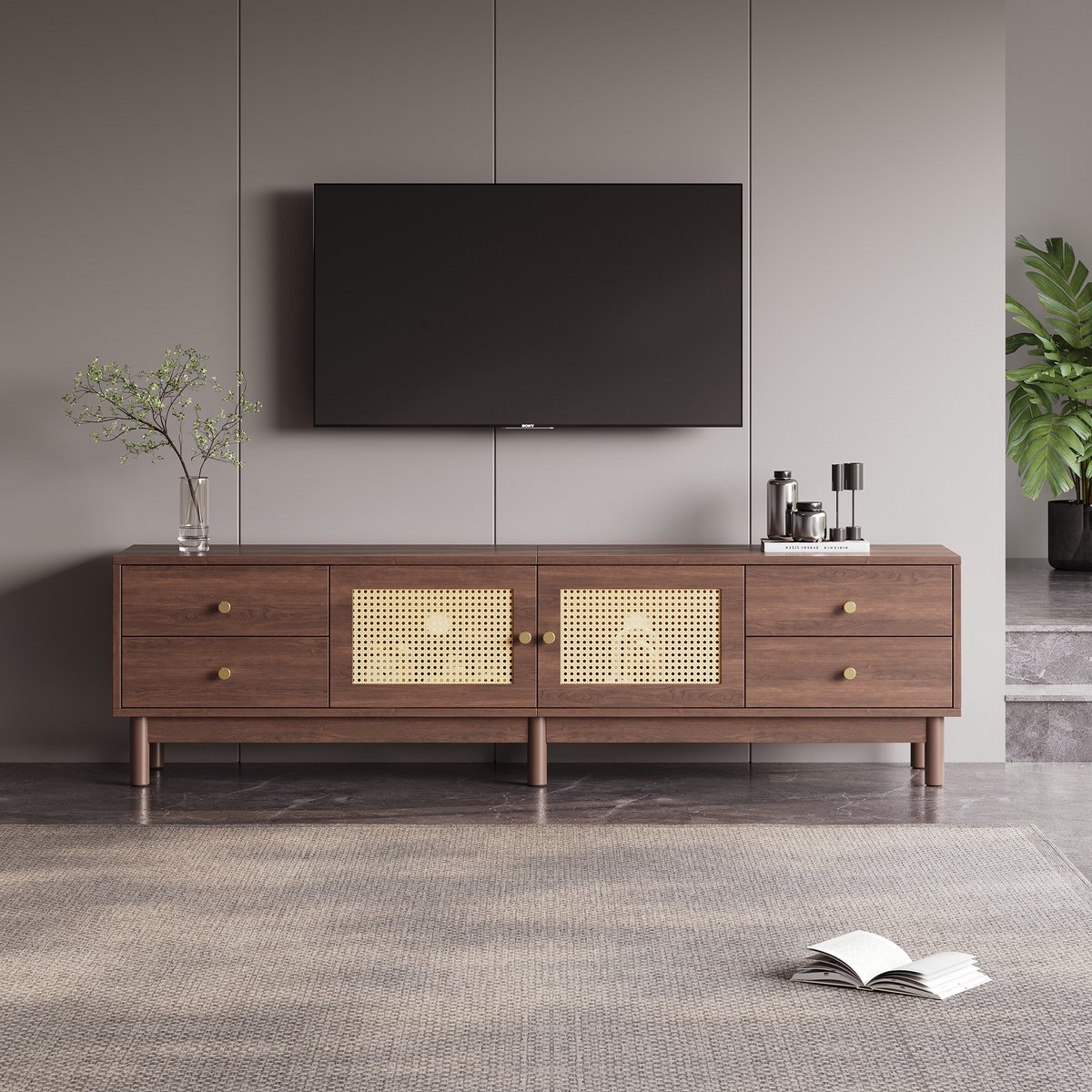 Pugsdrly 180 cm lange tv-kast in donkere houtlook met twee rotan deuren, vier lades, kabel