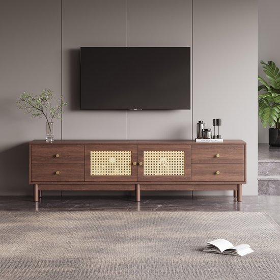 Meuble TV Pugsdrly de 180 cm de long en aspect bois foncé avec deux portes en rotin, quatre tiroirs, gestion des câbles et charnières hydrauliques - Convient aux téléviseurs jusqu'à 80 pouces