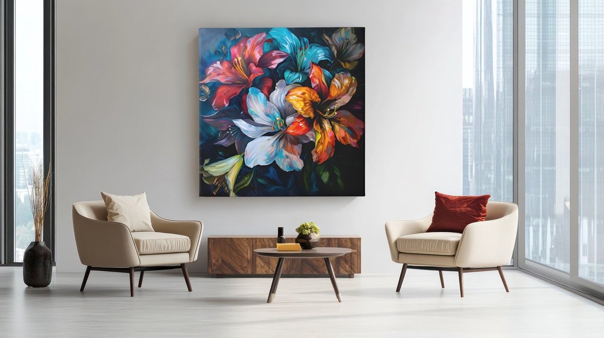 Trendex Global Vierkant Canvas Schilderij - Bloemenpracht - Kleurrijke Bloemen - 100x100x2 cm