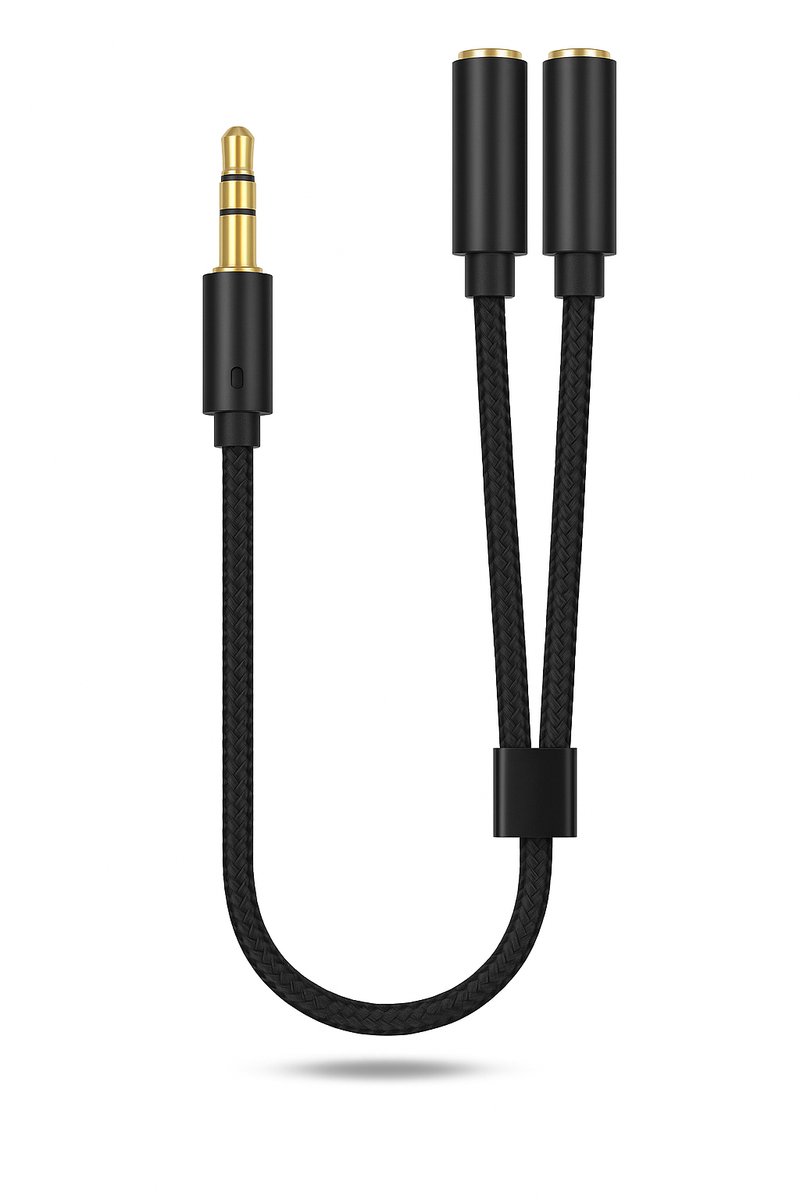 Image of Audio Splitter 3.5mm Aux naar 2x Jack Female Koptelefoon Splitter - Gevlochten - 25cm - Zwart