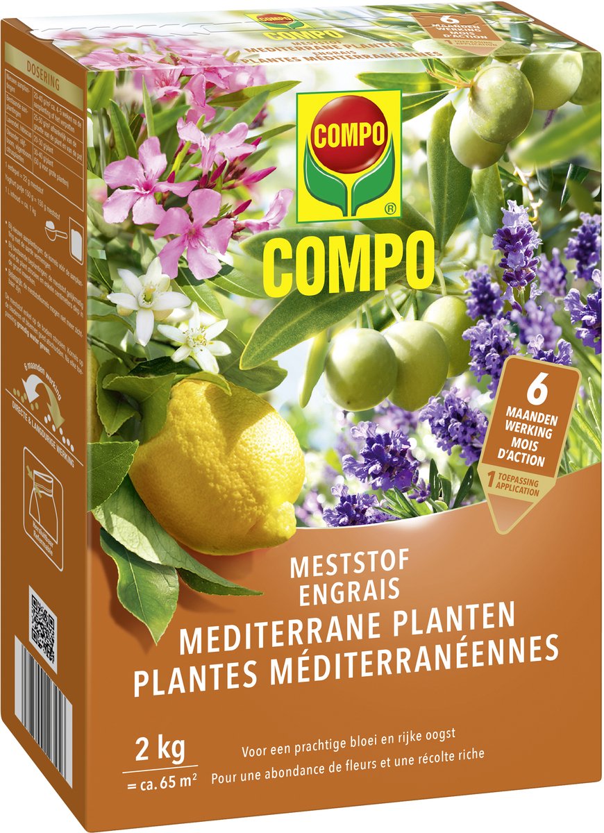 COMPO Meststof Mediterrane Planten - directe en lange werking 6 maanden - voor een prachtige bloei en rijke oogst - doos 2 kg