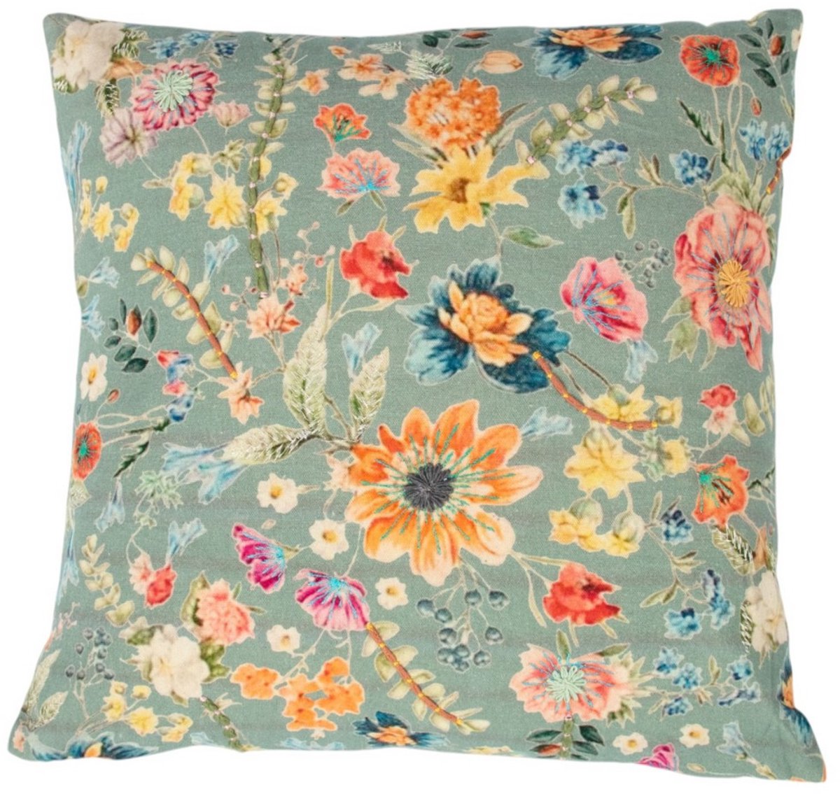 Mars & More kussen geborduurd wilde bloemen all over petrol 45x45cm Multi