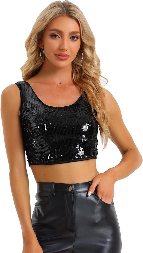 Foto: Dames mouwloos pailletten party top bovendeel club caami buikvrij tanktop blouse zwart 3xl met zoekwoorden feestelijk en glitter 