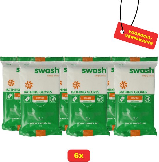 Zes verpakkingen Swash badhandjes, oranje, met 'VOORDEEL VERPAKKING' label.