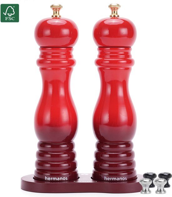 Peper en Zoutmolen Set Handmatig Rood Acaciahout Hermanos® - 22 cm - Peper- & Zoutstel - Verwisselbare knoppen zwart, zilver en goud - Instelbare maalgraad - Klassiek - BBQ Accessoires