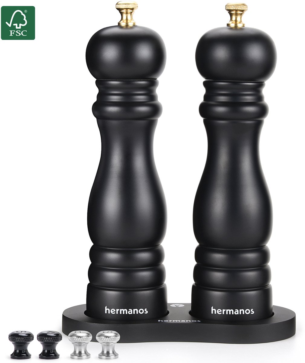 Peper en Zoutmolen Set Zwart Hout Hermanos® - 22 cm - Pepermolen - Zoutmolen - Handmatig - Verwisselbare knoppen zwart, zilver en goud - Instelbare maalgraad - Klassiek - BBQ Accessoires - Cadeau