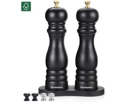 Peper en Zoutmolen Set Zwart Hout Hermanos® - 22 cm - Pepermolen - Zoutmolen - Handmatig - Verwisselbare knoppen zwart, zilver en goud - Instelbare maalgraad - Klassiek - BBQ Accessoires - Cadeau