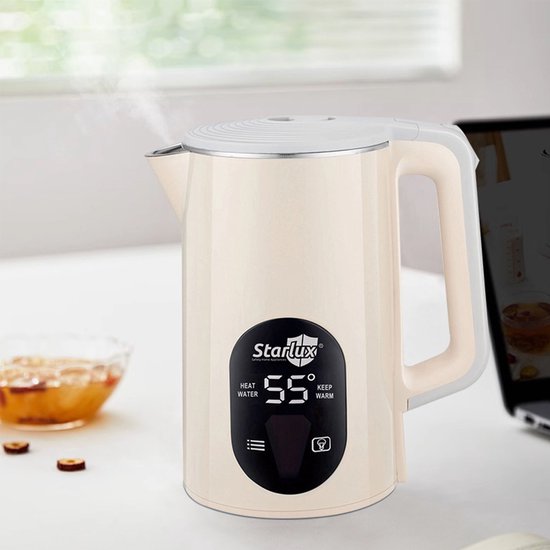 CHIWIN Waterkoker Dubbelwand RVS 2L - Electrische Waterkoker met Temperatuurregeling - 1500W Snelle Verwarming - Automatische Constante Temperatuur(55°C-98°C) - Veilig en Energiezuini - Droogkookbeveiliging - Beige