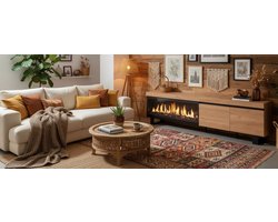 TV Meubel met Elektrische Open Haard – TasalFurniture Industrieel Lowboard 210 cm – Voor TV’s tot 80 Inch – LED 3D Vuureffect met Afstandsbediening–Eiken Houtnerf–Moderne Woonkamer Kast met Opbergruimte–Vrijstaand Meubel met Industriële Metalen Poten