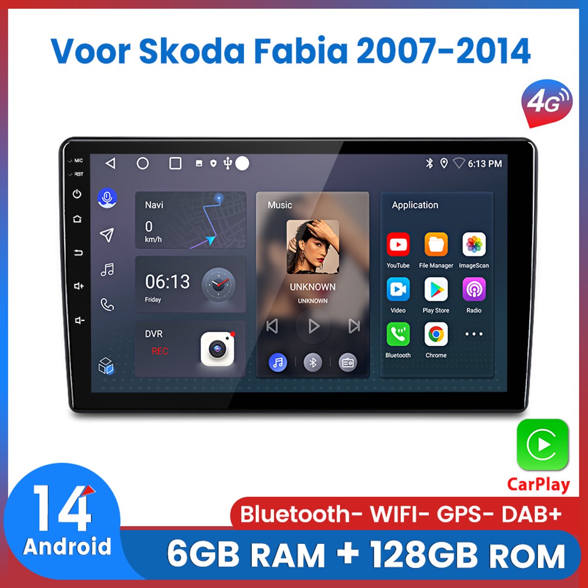 Awesafe 6+128GB Android14 Carplay Autoradio - Geschikt Voor Skoda Fabia 2007 t/m 2014 - Draadloze Carplay Android Auto - Touchscreen - GPS Navigatie 4G WiFi - Bluetooth Radio