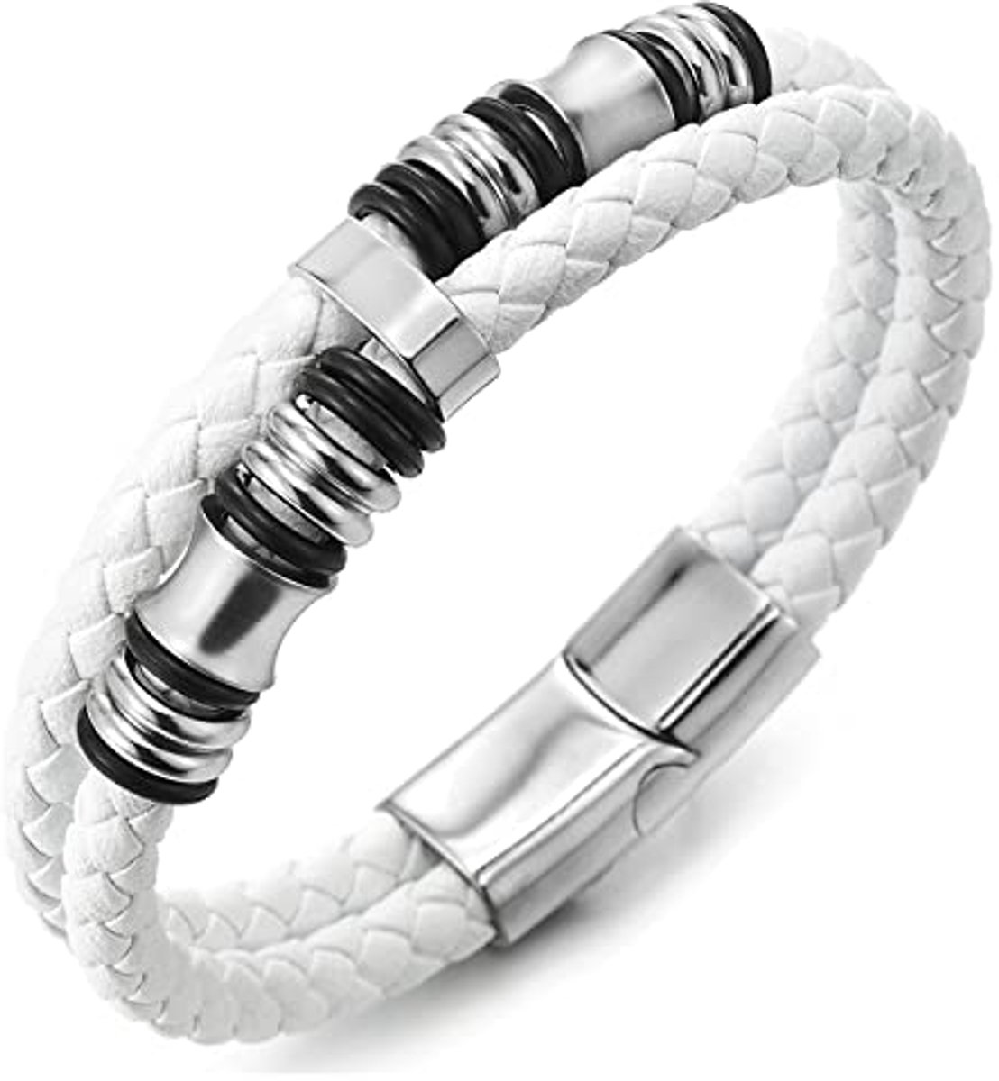 Dubbellaags Herenarmband van Gevlochten Leer met RVS Magnetische Sluiting