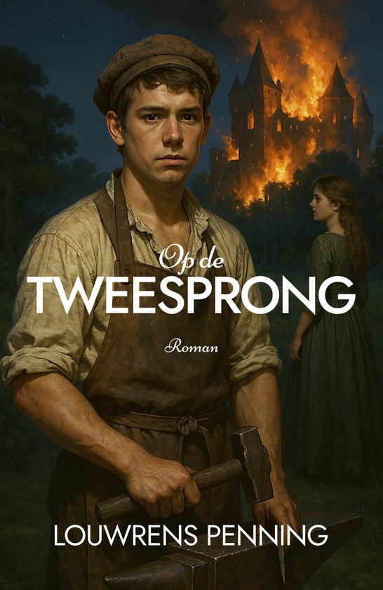 Boekomslag van "Op de tweesprong", een roman van Louwrens Penning. Een jonge smid houdt een hamer vast, met een brandend kasteel op de achtergrond.