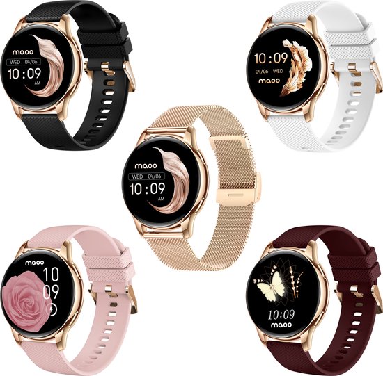 Maoo Ventura AMOLED Smartwatch Dames - RVS en 4x Siliconen Bandje - Stappenteller - Hartslagmeter - Slaapmonitor - Multisport - Geschikt voor Android en iOS - Rosé Goud en Roze