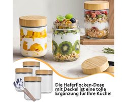 Candala Havermoutglazen met deksel, 4 stuks glazen potjes van 500 ml met bamboedeksel, luchtdichte meal prep-glazen met 2 lepels van roestvrij staal, voor het bewaren van specerijen, noten, granen