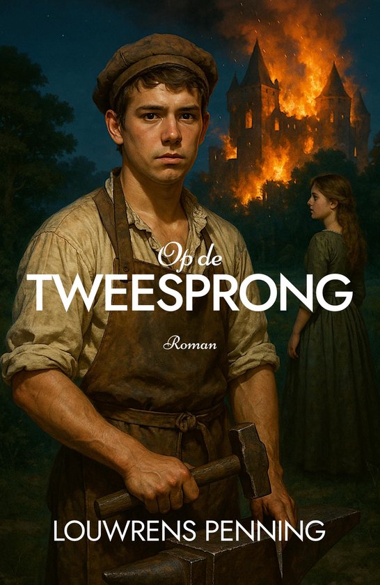 Boekomslag met de titel 'Op de TWEESPONG'. Een jonge man met een schort en pet houdt een hamer vast. Op de achtergrond staat een kasteel in brand.