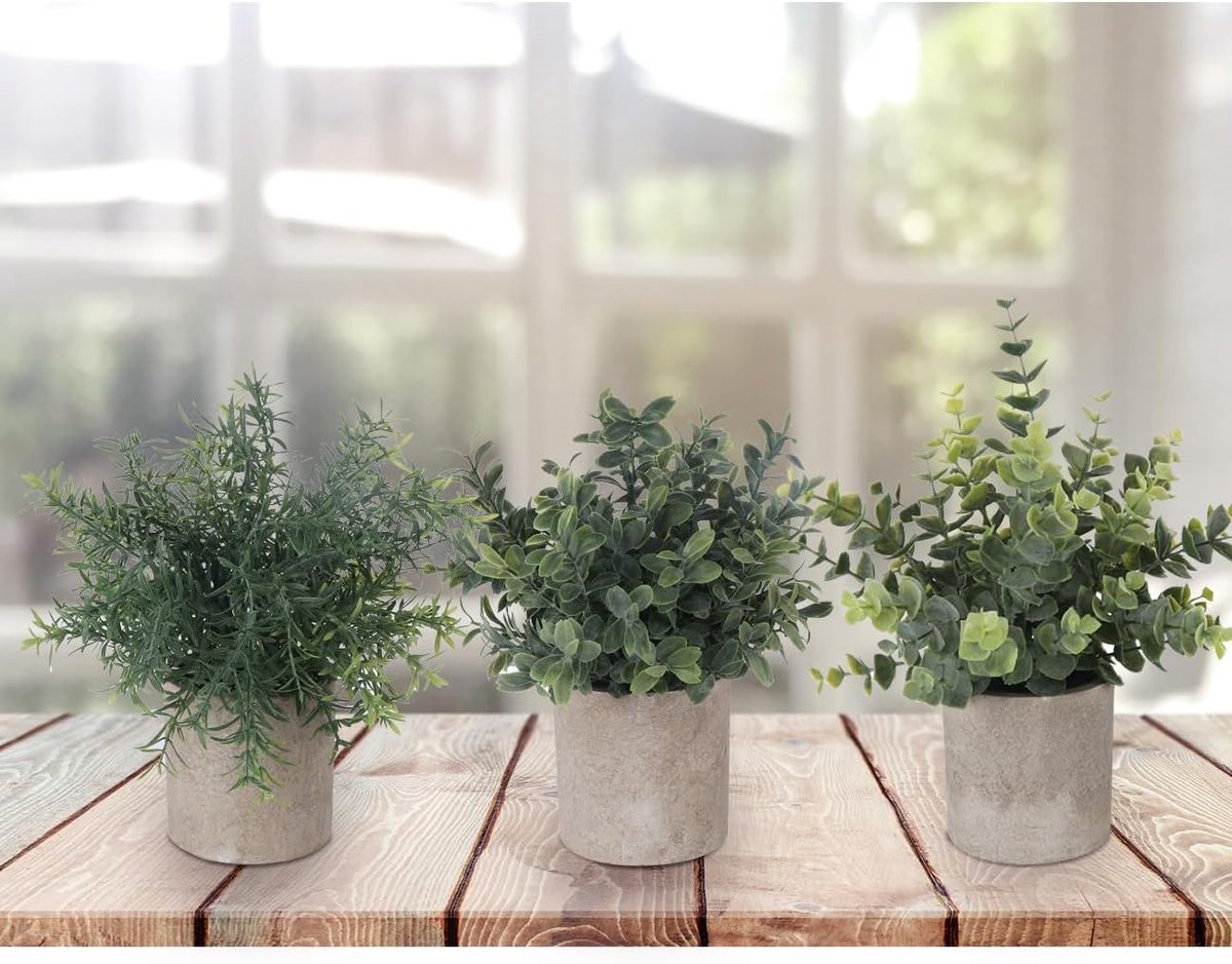 Famanu - Kunstmatige Potplant, Set van 3 Mini Artificiële Pot Planten Kunstplanten Plastic Eucalyptus Planten Faux Rozemarijn Planten voor Thuis Tuin Bureau Douche Kamer Binnen & Buiten Huis Decor