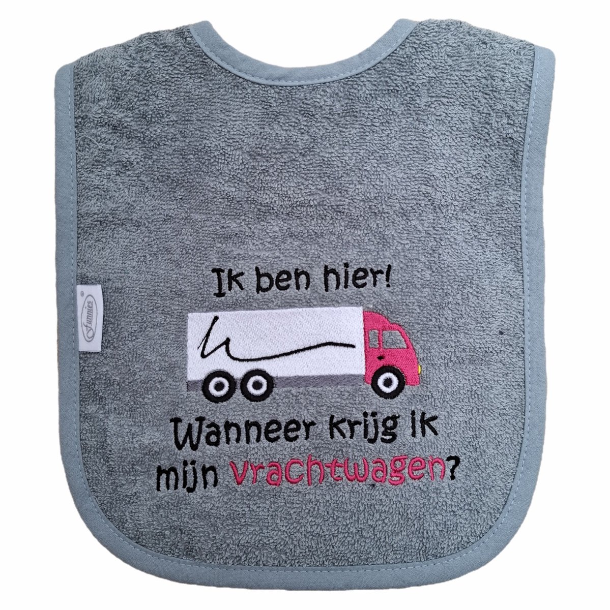 Grijs/blauwe slab met "Ik ben hier! Wanneer krijg ik mijn vrachtwagen?" - Roze vrachtwagen - lief, kraamcadeautje, cadeau, babyshower, roze, chauffeur, truck, trucker