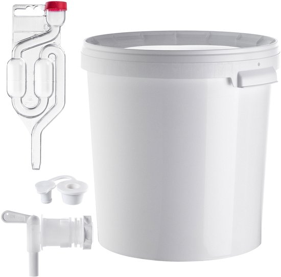 Baudet de fermentation blanc, couvercle, barboteur, bouchon rouge, robinet et pièces d'assemblage, séparés sur fond blanc.