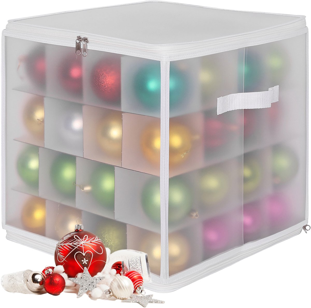 Kerstballen opbergbox - voor 64 ballen - kunststof - transparant-wit