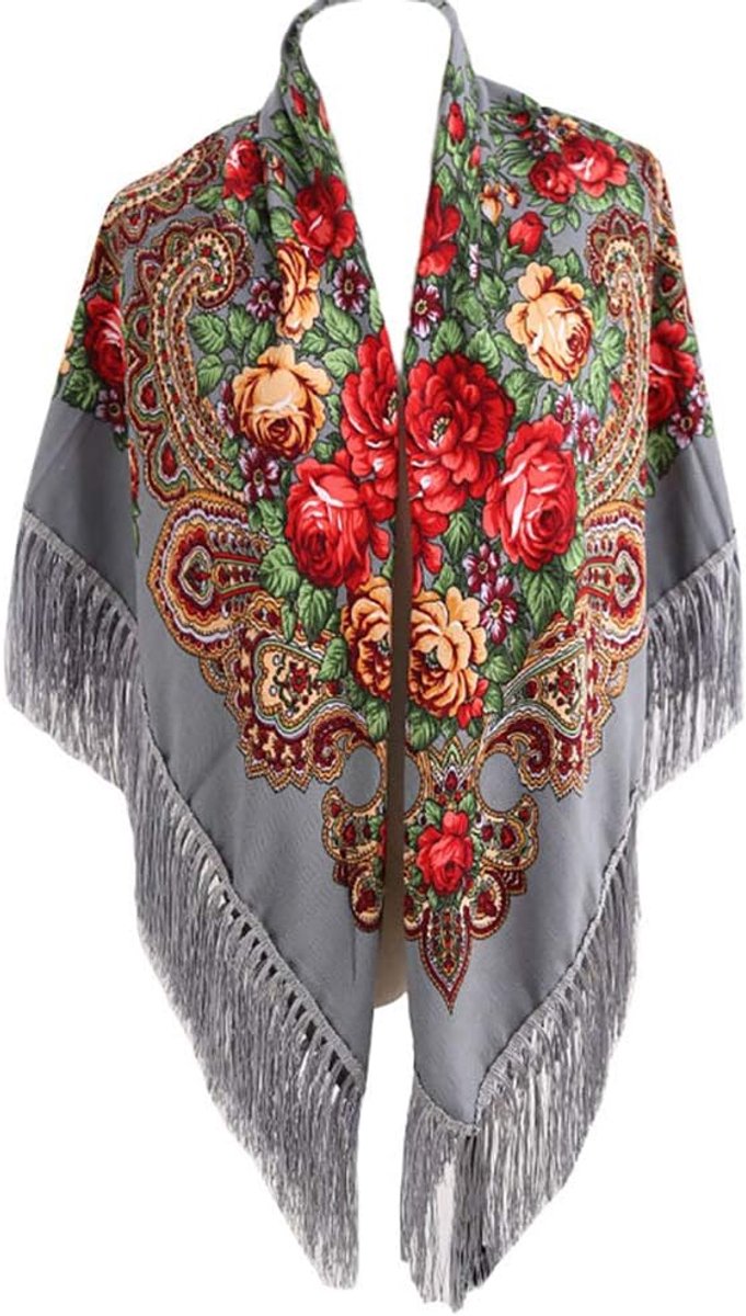 Traditionele sjaal voor dames, met kwastjes, franjes, halsdoek, hoofdsjaal, retrosjaal, bloemenpatroon, poncho-print - grijs