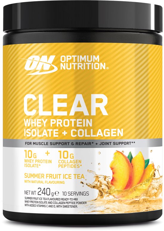 Gele pot 'Optimum Nutrition CLEAR Whey Protein Isolate + Collagen' met afbeeldingen van perzik en water splash. Smaak 'Summer Fruit Ice Tea'.